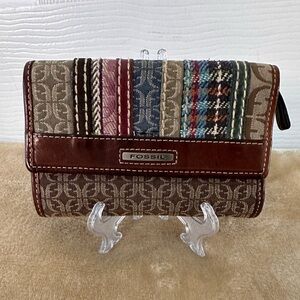 Fossil Multi-Colored Patchwork Trifold Style Wallet Brown Leather and Canvas GUC